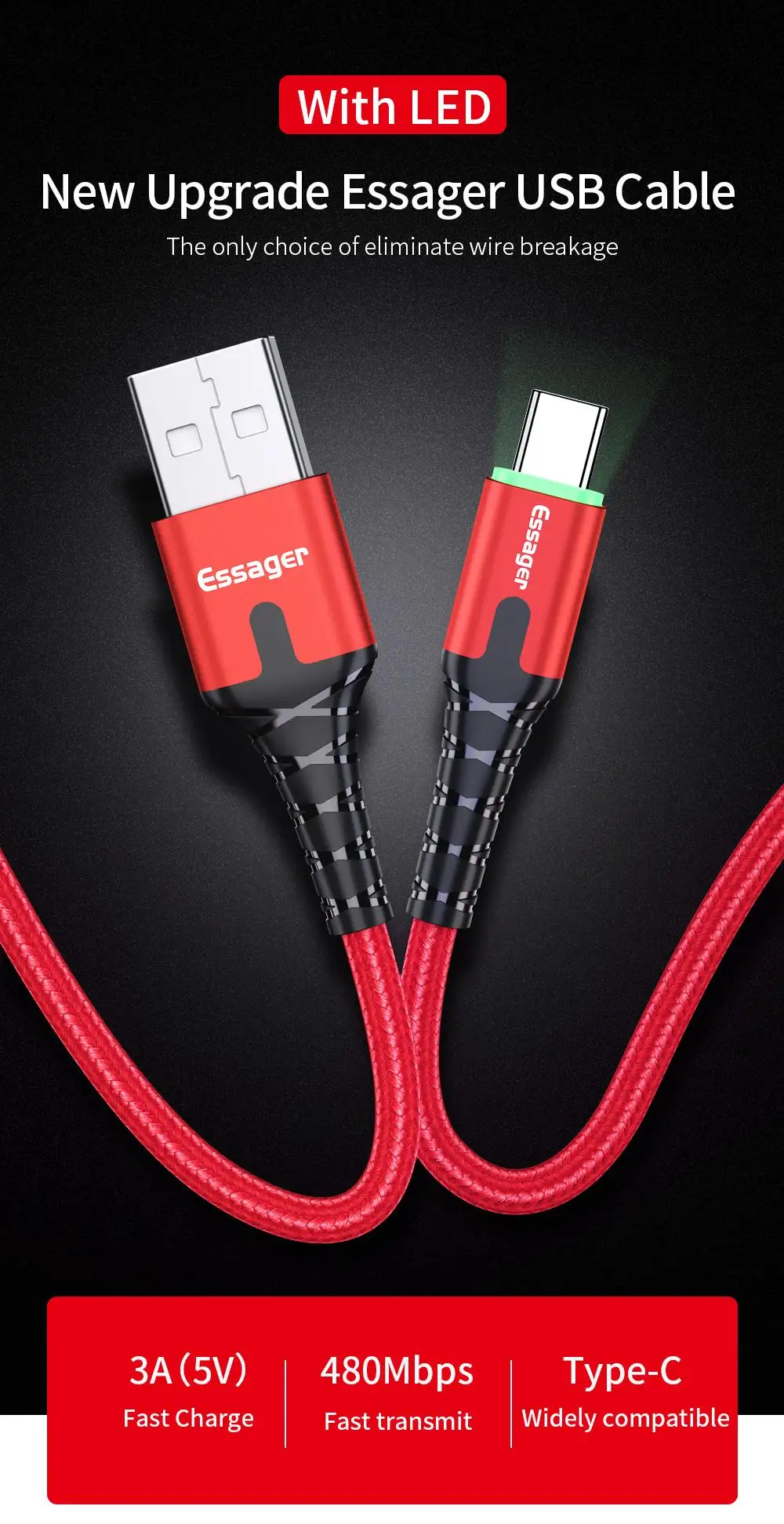 Essager 3A usb type C светодиодный кабель для samsung S9 S8 One plus 6t Xiaomi huawei, кабель для быстрой зарядки, USB C type-c, шнур для зарядки и передачи данных