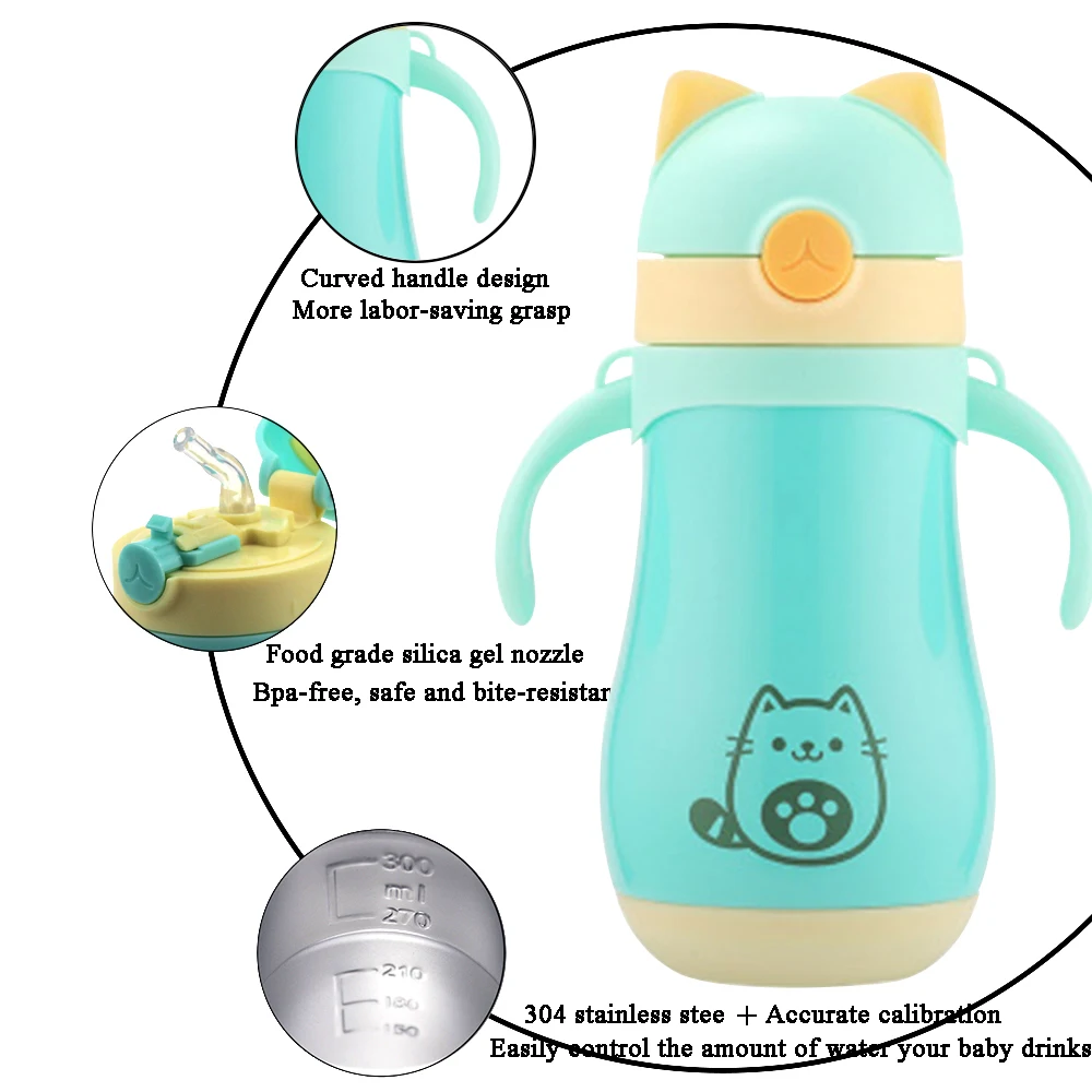 320ml children's vacuum cup with straw comfortable handle with straps 4 colors kid's water cup Stainless Steel Thermos Mug