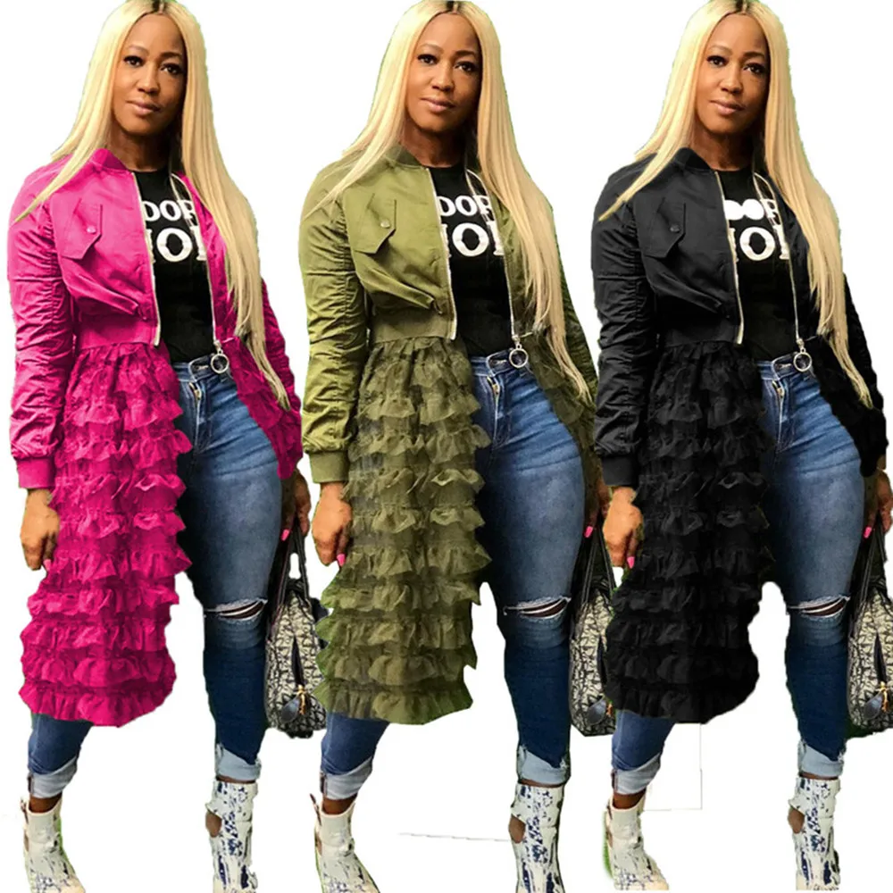 

Spring Streetwearn Solid Color Jacket with Zipper Threshold Short Jacket Long Mesh Pleated Lace Punk Girl Plus Size