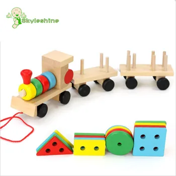 

Skyleshine Montessori Toys Wooden Stacking Shape Geometry Blocks Train Diecasts Vehicle Set Combination Educational Toys Kids