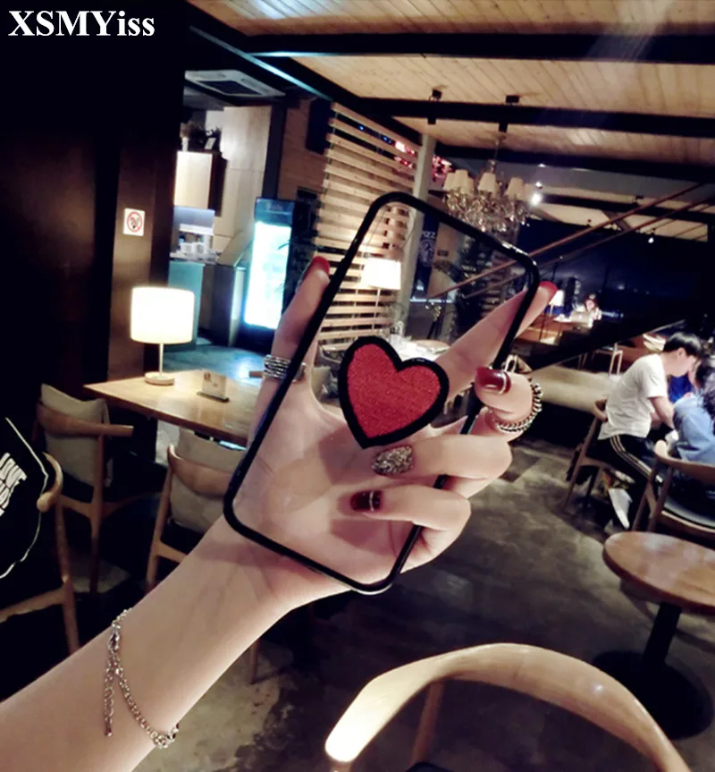

XSMYiss For SamsungA8 A6 PLUS A50 A70 A80 j3 j5 j7 2017 j6 j8 2018 Case Fashion Transparent embroidery Red Love Heart Phone Case