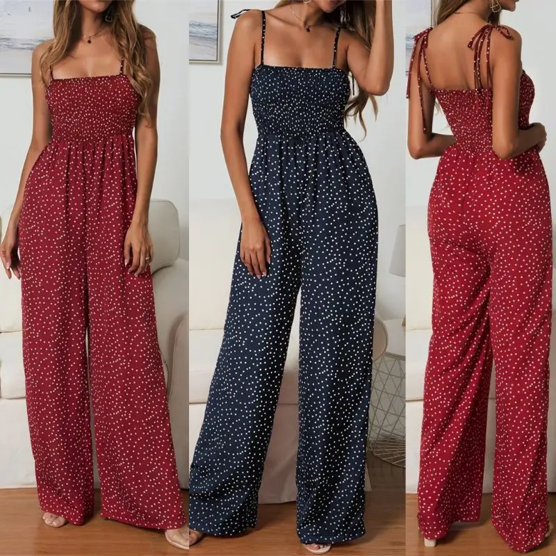

Women Ladies Summer Bandeau Polka Dot Strappy Sleeveless Holiday Long Wide Leg Jumpsuit Romper Pants