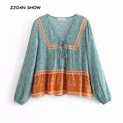 Богемная контрастная цветная рубашка с цветочным принтом в этническом стиле, женская блузка с v-образным вырезом и шнуровкой, пуловер с