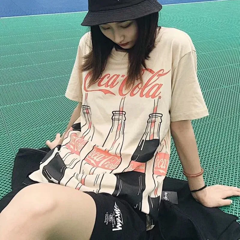 Women's Round casual summer tee shirt fashion tshirt hot sales girls cool Neck Cartoon Coke Print Short Sleeve Long T-Shirt