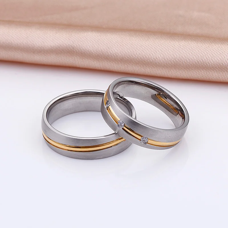 Lover's золотистое кольцо линия матовый нержавеющий отделка Обручальное кольцо 3 циркония пара Alliance Помолвочное Драгоценное кольцо