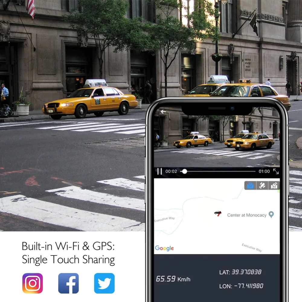 AKASO Автомобильный видеорегистратор V1 HD WiFi для автомобилей с приложением GPS 16 Гб