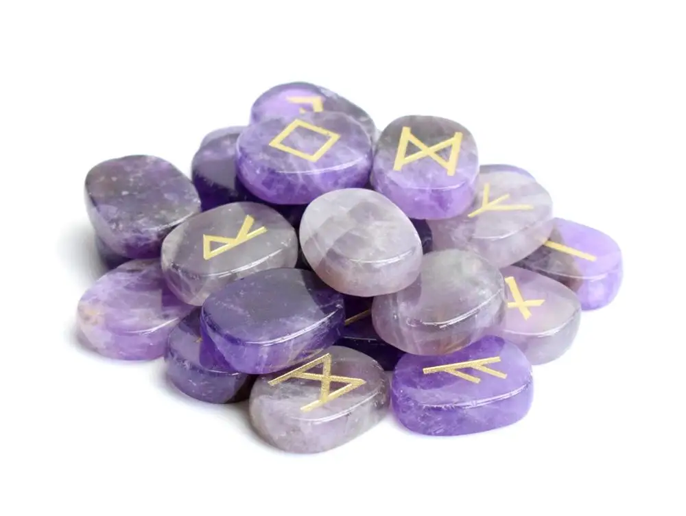 

25pcs Natural Amethyst Carved Crystal Reiki Healing Palm Stones Engraved Pagan Lettering Wiccan Rune Stone Set with a Free Pouch