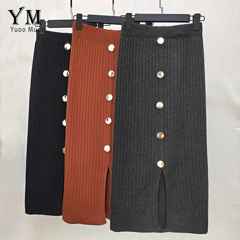 

YuooMuoo Good Quality Warm Knitted Midi Skirt 2019 Autumn Winter High Waist Split Skirt Korean Style Women Buttons Vintage Skirt