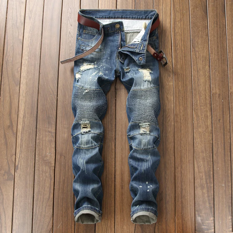 

2019 Newly Designer Men Jeans Blue Color Slim Fit Punk Hip Hop Style Ripped Jeans Cotton Pants Brand Destroyed Biker Jeans Men