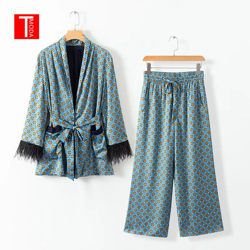 Online 2019 chaqueta de primavera con lazo bolsillos sashes Tassel decoran prendas de vestir exteriores para mujer abrigo de Kimono suelto estampado de puntos pantalones de pierna ancha 2 uds. Conjuntos