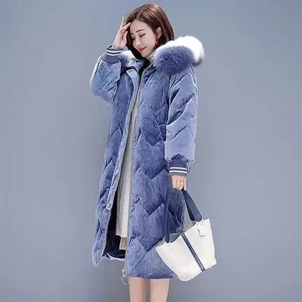 Зимнее пальто в длинном абзаце, Женская мода, меховой воротник, с капюшоном, толстая Золотая Вельветовая куртка, хлопковая одежда H0293 - Цвет: blue