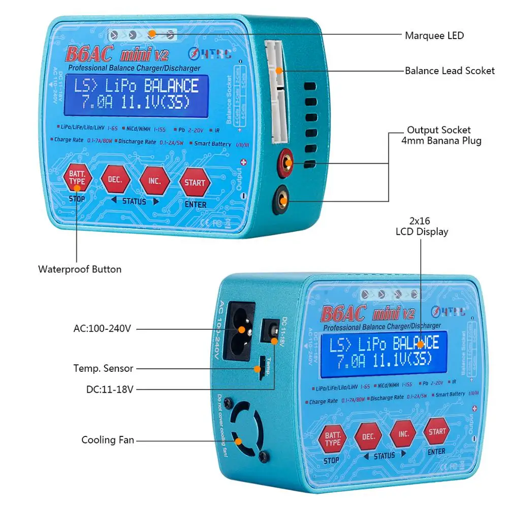 HTRC зарядное устройство iMax B6AC Mini V2 80 Вт 7A цифровой карманный RC Баланс Lipo Lihv LiIon LiFe NiCd NiMH батарея Dis зарядное устройство