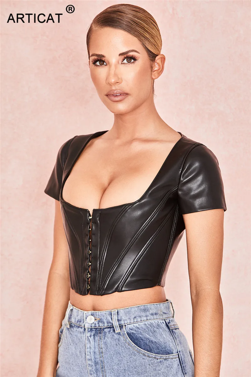 Articat Black PU leather Sexy Corset Crop Tops For Women Single Breasted Short Tank Top Summer Solid Casual Women Crop Top Tees