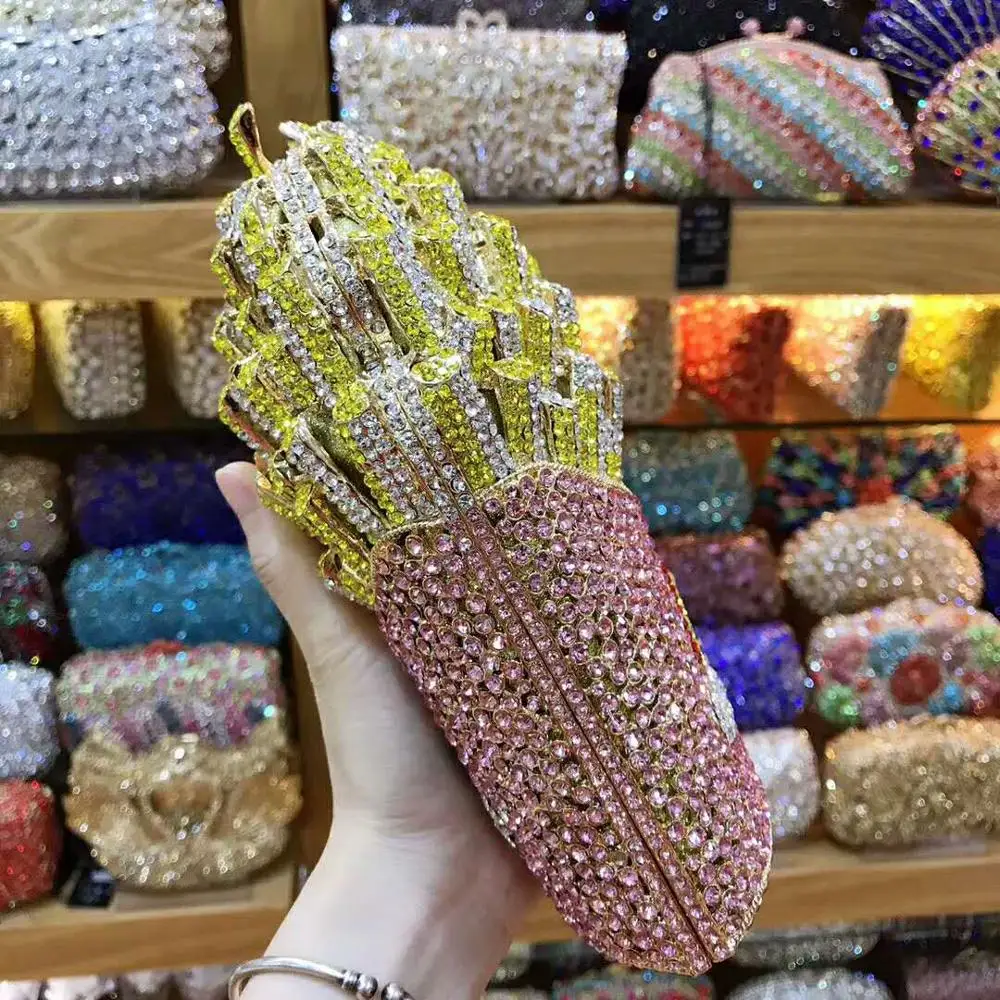 XIYUAN 프렌치 프라이 모양 블링 크리스탈 클러치 지갑, 이브닝 백, 여성용 핸드백, 웨딩 파티 다이아몬드, Minaudiere 지갑, 골드