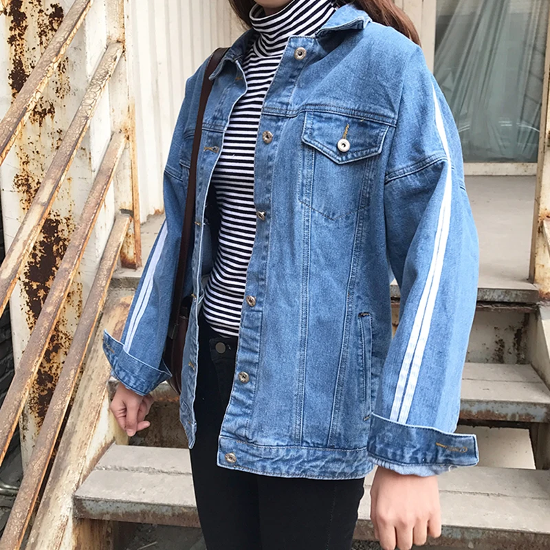 

2019 Basic Coats Denim Jacket Spring Denim Jackets For Women Jeans Jacket Female Both Striped Denim Coat loose fit casual style