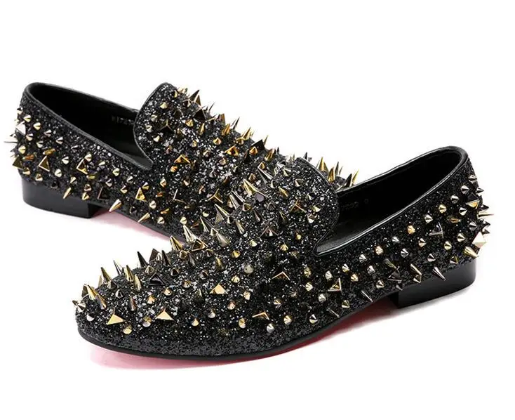 

2019 New Luxury Men's Fashion Casual Shoes Gold Glitter Leisure Slip on Rivets Loafers Shoes Man Party Weeding Dress Shoes 38-46