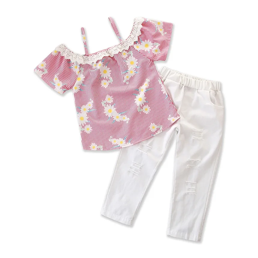 

Girls Clothing Set 2018 New Summer Toddler Girl Short Sleeve Tops+Hole Pants White Trousers 2pcs Kids Clothes Children Outfit