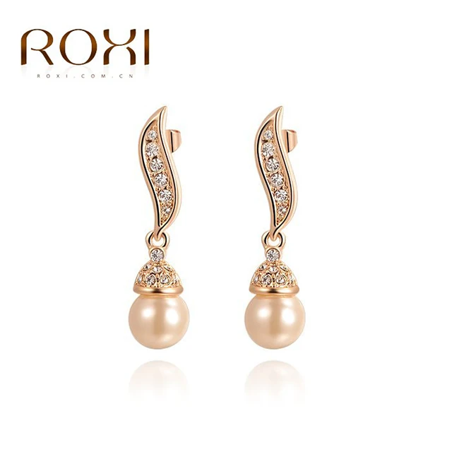 Roxi Brand Rose Gold Color Imitation Pearls Drop Earrings Elegant Roxi Brand Rose Gold Color Imitation Pearls Drop Earrings Elegant Crystal Dangle Earring New Women Wedding
