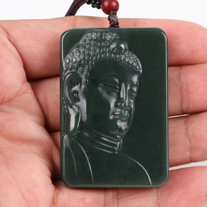 

Natural Green Hetian Stone Pendant 3D Carved Shakyamuni Buddha Head Pendants Women Men's Gift Amulet Nephrite Jades Jewelry+Rope