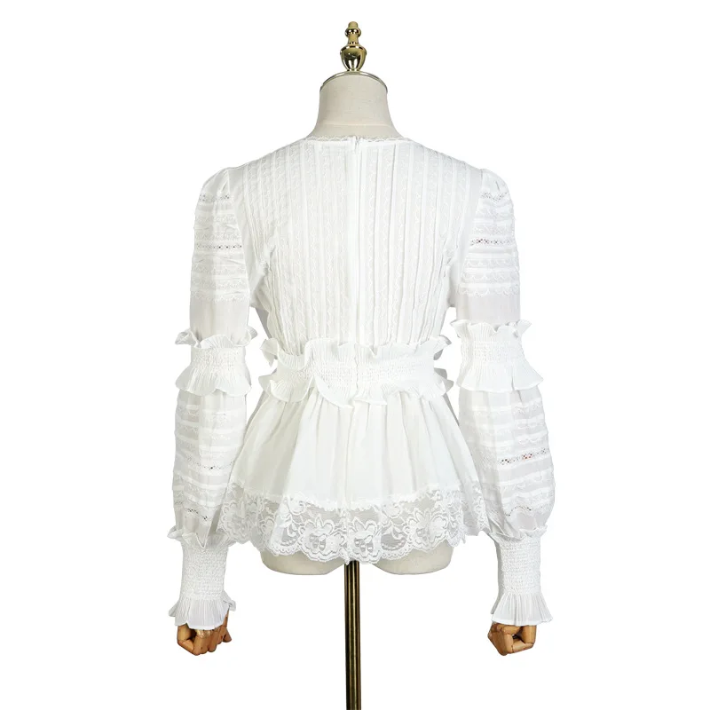 2019 V Neck Sexy Women Blouses Puff Sleeve Solid Blouse Femme Perspective Hollow Out Ruffles Shirt