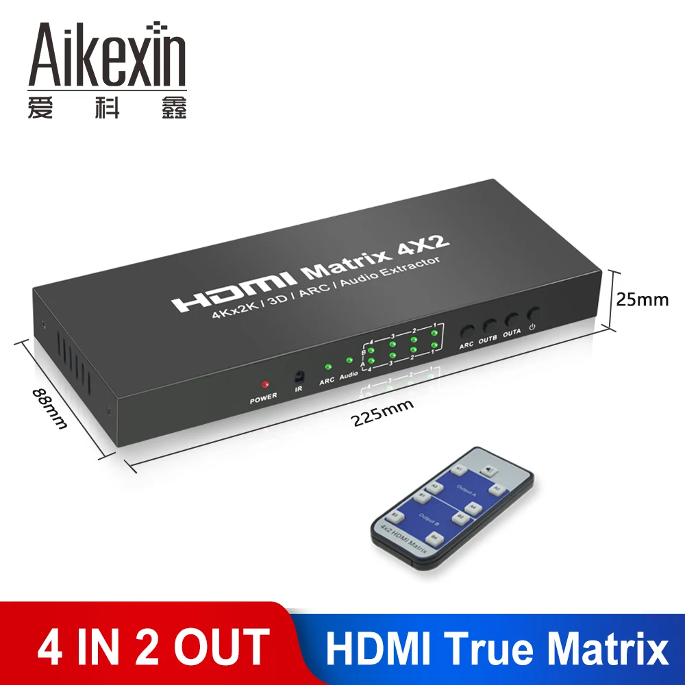 Переходник Сплиттер Aikexin HDMI Matrix 4X2 с пультом дистанционного управления Full HD 4K x 2K 3D