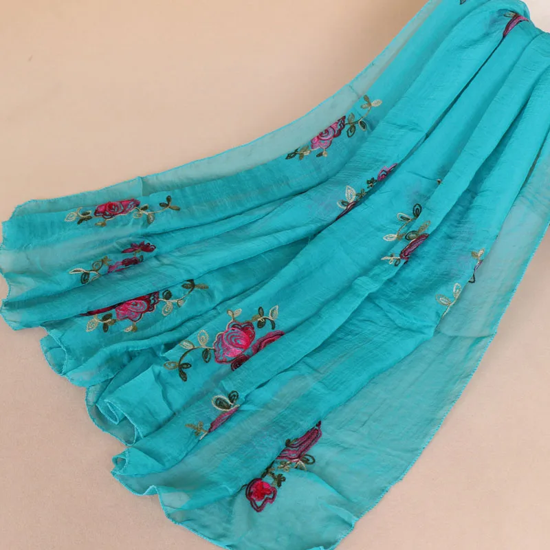 Женщины Пион цветочный вышивать шифоновый шарф Шелковый Мусульманский Хиджаб Пляж палантины платки Весна Платки 12 цветов 180*75 см 10 шт./лот