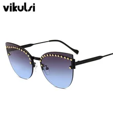 Кошачий глаз с заклепками, модные солнцезащитные очки для женщин, Ретро стиль, мужские брендовые дизайнерские солнцезащитные очки без оправы для мужчин и женщин, серые, синие оттенки, UV400