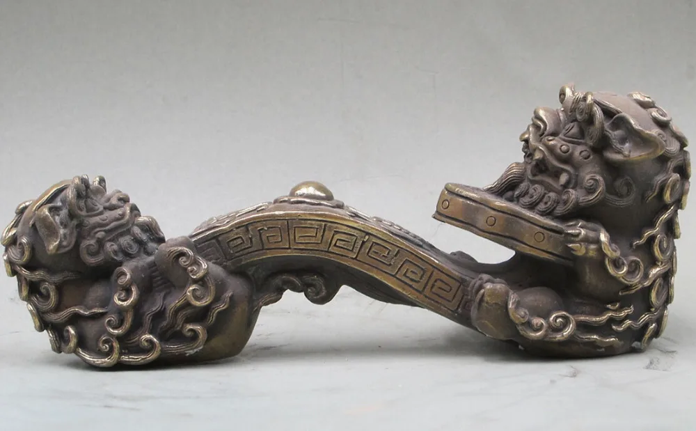 

bi002930 8.5"Fengshui Lucky Chinese Bronze Two FOO FU DOG LION Butterfly RuYi Statue