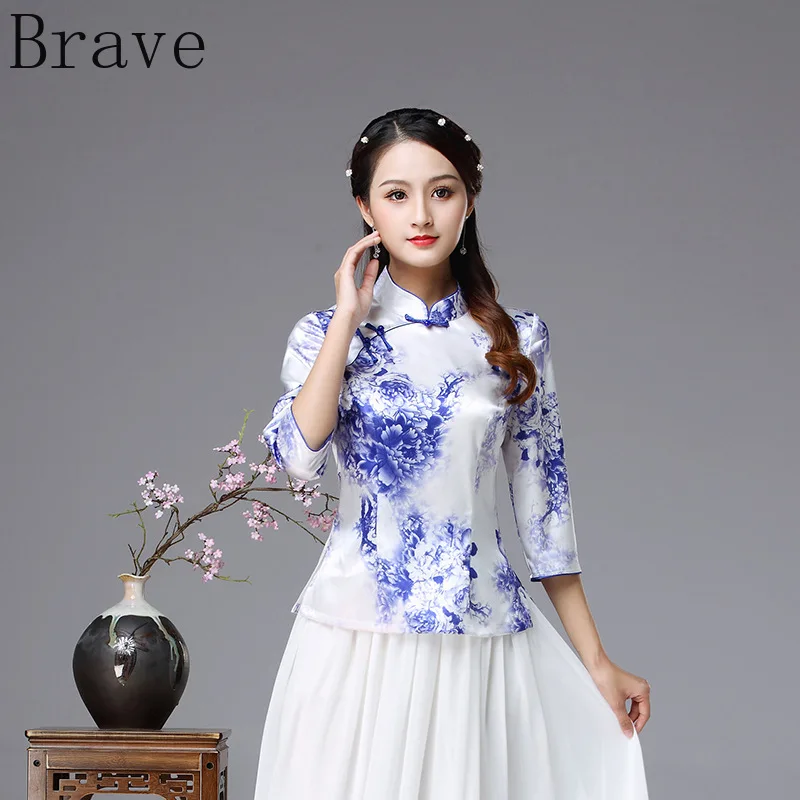 Синий и белый фарфоровый атласный с рукавами и воротником в новой Китае весна/лето 2019 qipao юбка костюм