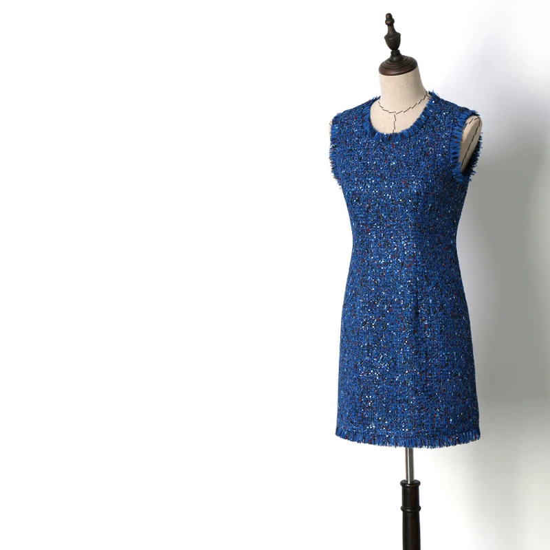 2018 Spring Autumn Women Fringe Tassel Sequins Sleeveless Tweed Dresses