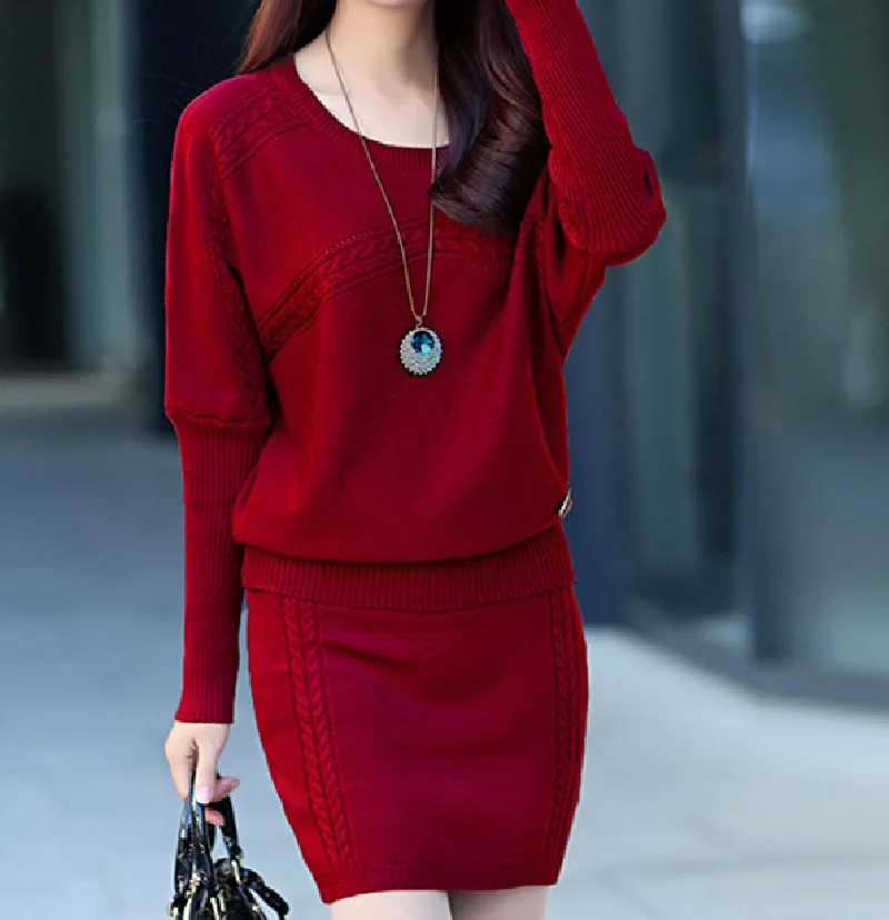 2017 Office Ladies Elegant Crochet Knit Sweater 2 piece Suits Batwing Long sleeve Tops and Mini Step Skirts Sets