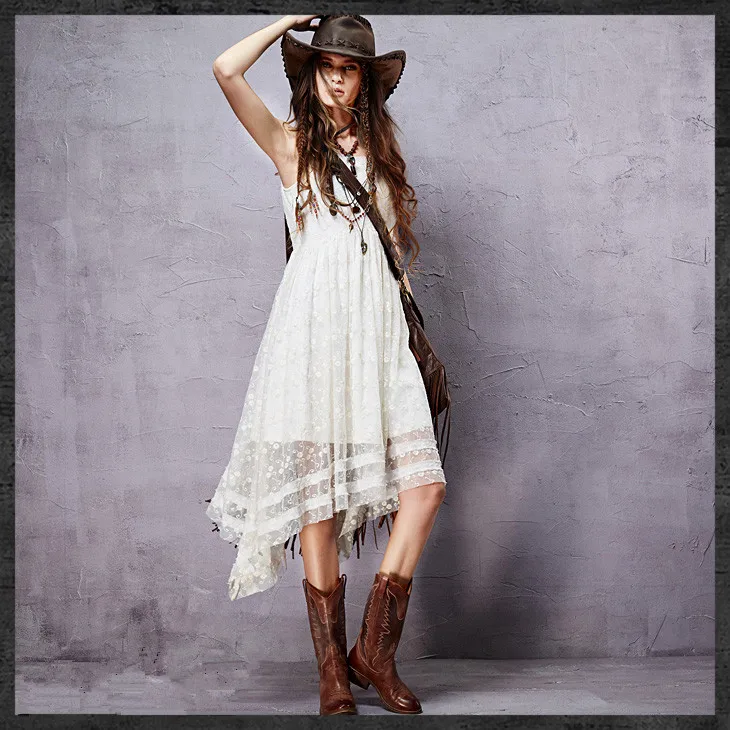 KEERQW Summer Bohemian Vintage O-Neck Lace Embroidery Vest Irregular Long Dress Elegant Casual Beach White Lace Maix Dress long-white-lace-dress