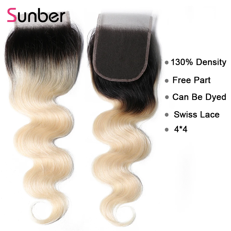 Sunber Hair T1B/613 малайзийские волосы объемные волнистые пряди с закрытием 10 ''-20'' Remy человеческие волосы Омбре блонд 3/4 пряди с закрытием