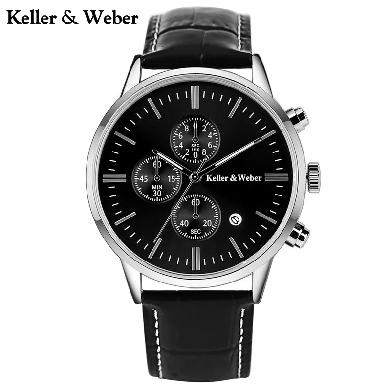 

Keller & Weber Elegant Men's Watches Genuine Leather Band Business Quartz Date Display Calendar Clock Relogio Masculino Gift
