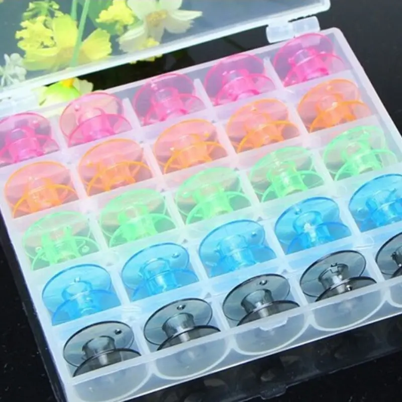 

Spools Storage Case Sewing Machin Tools Accessories Plastic Bobbin Box With Colorful 25 Bobbins for Sewing Machine