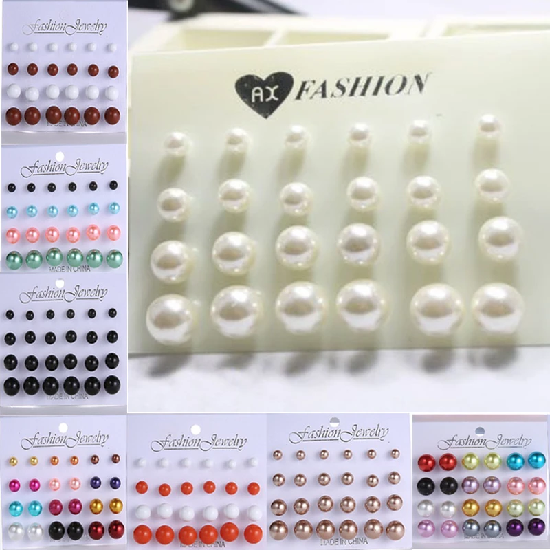12 Pairs Colorful Simulated Pearl Earrings Set For Women Jewelry Accessories Simple Mixed Color Piercing Ball Stud kit | Украшения и