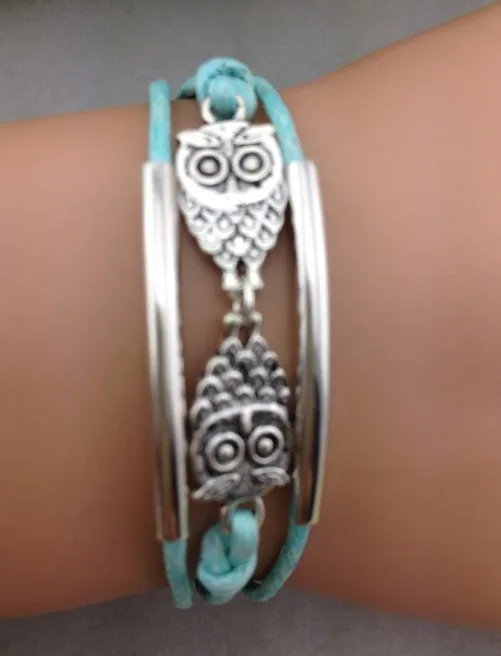 

1pcs bracelet,owl mint infinity rope, owls, tube ,aqua bracelet,1297 Mini order 10$