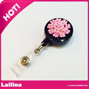 

Bling Rhinestone pink blossom Decorated Retractable Badge Reel ID Holder