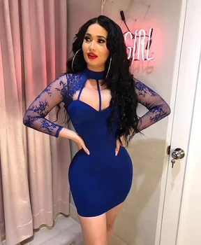

Blue Color Ladies HL Bandage Dress Rayon Long Sleeve Sexy Lace Bodycon Mini Dress Club Party Dress