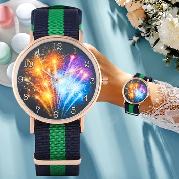 

Fashion Colored Fireworks Pattern Quartz Watch for Women Special Mixed Color Nylon Strap Arabic Digital Wrist Watches for Girl