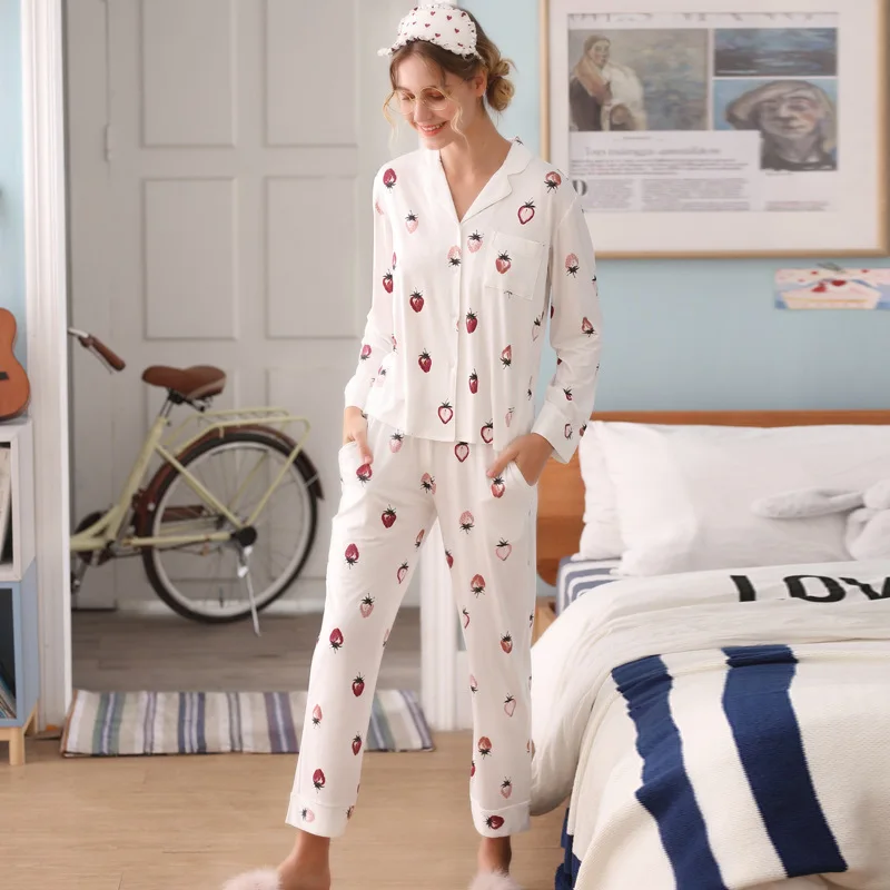 

Summer Thin Long-sleeved Modal Pajamas Set Korean Shirt Large Size Strawberry Home Clothes Female 4-piece Suit Pijama Feminino
