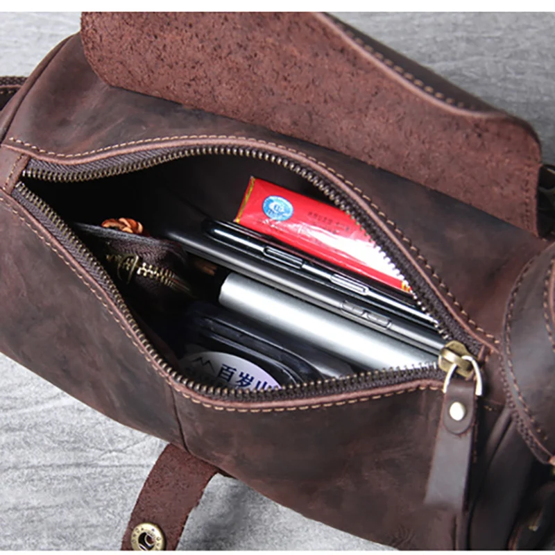 AETOO Retro casual head cowhide shoulder crossbody bag male leather barrel pack Crazy Horse Leather bag