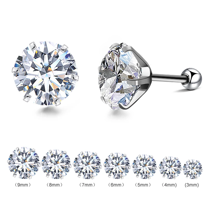 

Wholesale 10Pairs/Lot 316L Stainless Steel Screw Earrings Round Clear CZ AAA Earrings 3mm-10mm Surgical Earring,High Quality