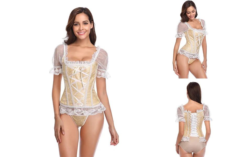 Corset Women Corsets and Bustiers Gothic Lace Up Puff Sleeve Shoulder Straps Brocade Corselet Steampunk Corset Top Black White   (9)