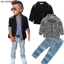 AiLe Rabbit/Новые Осенние комплекты одежды для мальчиков, куртка, рубашки, джинсы костюмы из 3 предметов джинсовая одежда в клетку Детское пальто с длинными рукавами, k1