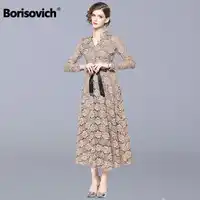 Borisovich Women Lace Long Dress New Brand 2018 Autumn Fashion England Style V-neck Luxury Elegant Ladies Party Dresses N040