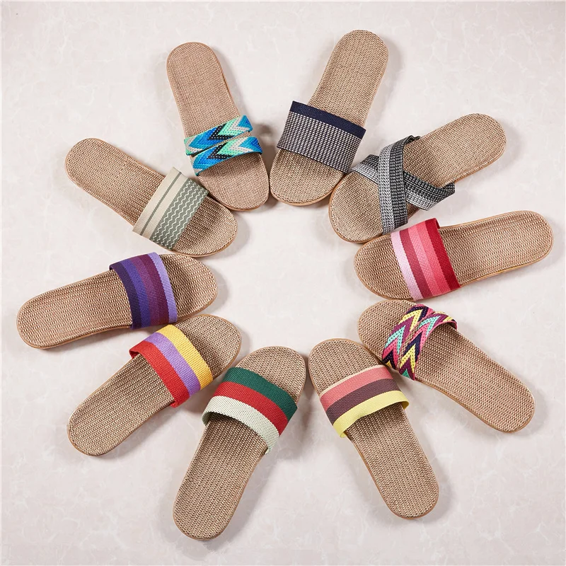 Разноцветные мужские тапочки в полоску дышащие домашние парусиновые туфли мужские льняные шлепанцы домашние удобные нескользящие тапочки