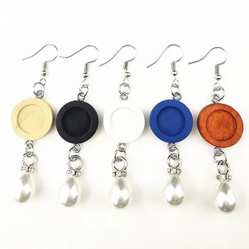 

24pairs/lot Black, Brown, White,Log,Blue 12mm Blank Wood Cabochon pendant Drop Earrings with Pearls Making Earrings Wholesale