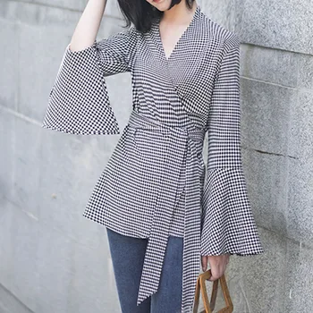 

XITAO Waist Split Bandage Blouse Women Korea Fashion V Neck Plaid Flare Sleeve Wild Joker 2019 Elegant Street Style WLD2096