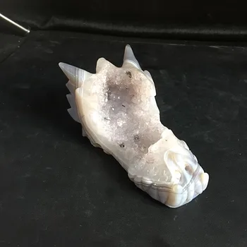 

Free shipping 0.3kg Unique magic ornament hand carved natural agate geode crystal dragon head skull MJP